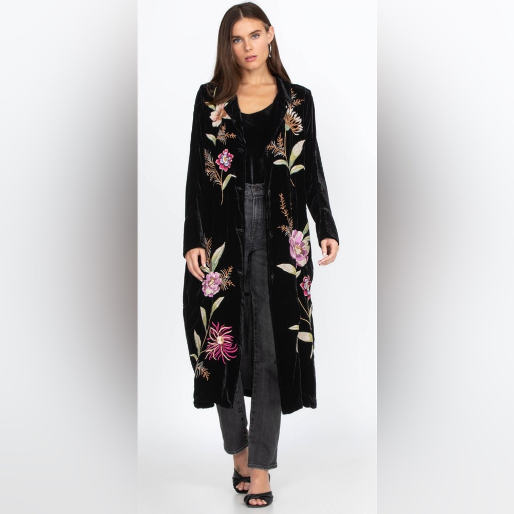 Johnny Was Black Embroidered Velvet Long Duster Coat with Pink Floral S jacket